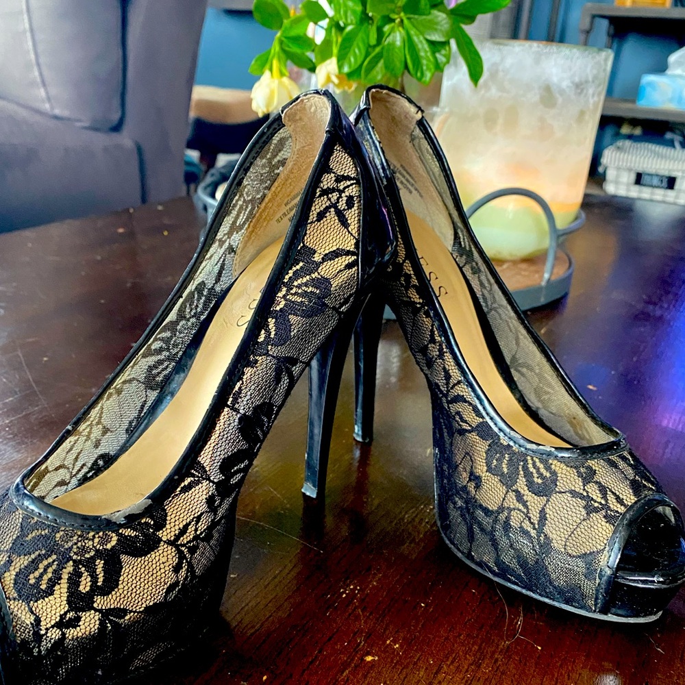 Black rose lace Guess Peep toe heels